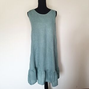 Terzo Millennio 100% linen dress flounce open back tie sleeveless green